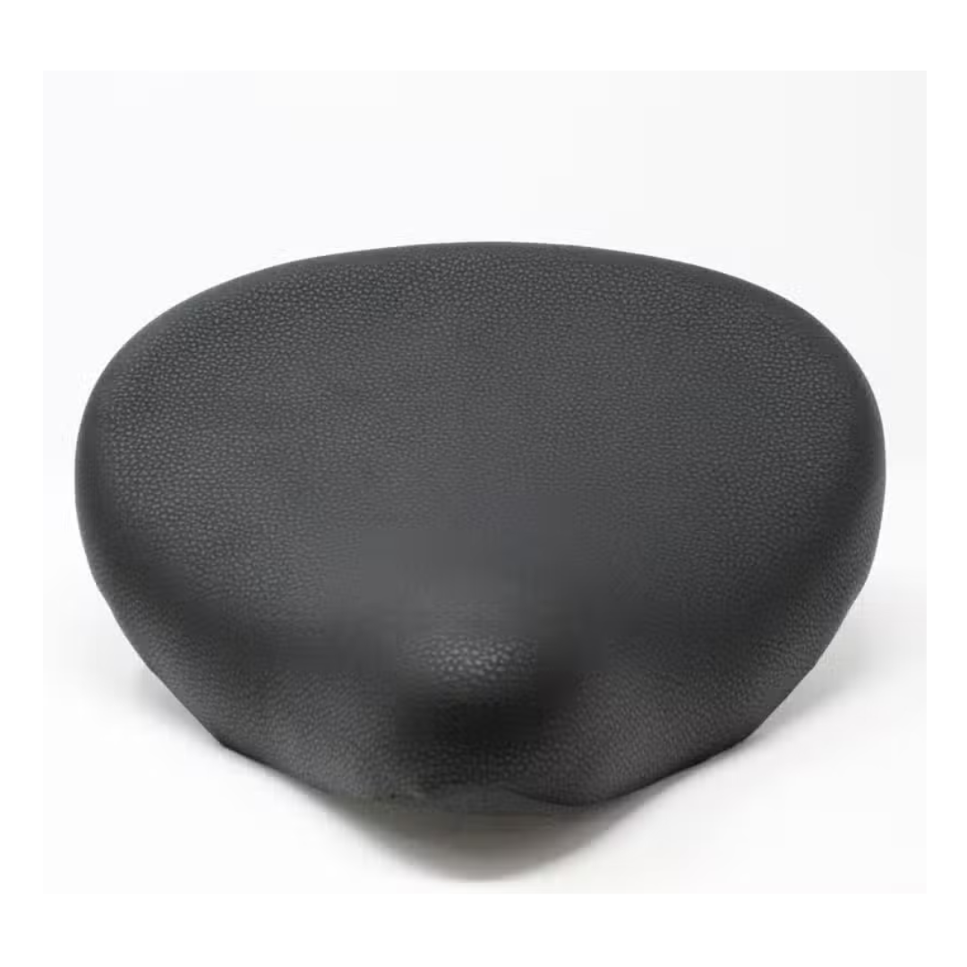 A front-view image shows a black, wide bicycle seat with a textured surface against a white backdrop, reminiscent of the sleek design found in Glion SNAPnGO Scooter Accessories.